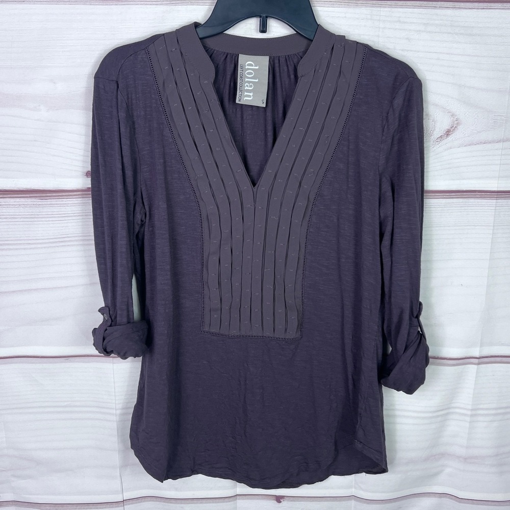 Dolan Top Womens S Brown V-Neck Blouse Pleated Chiffon Tab Sleeve Pullover Solid
